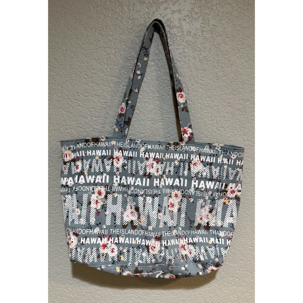 Robin Ruth Hawaii Canvas Floral Blue Tote Bag Zipper Shoulder Straps Handbag